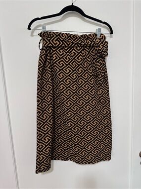 Posh gold/black geometric pattern midi stretchy pencil skirt w/ belt -S